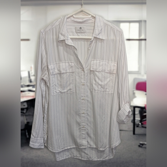 Babaton Tops - Babaton utility button-up shirt in white with thin dark pinstripes. L Ptp 23"